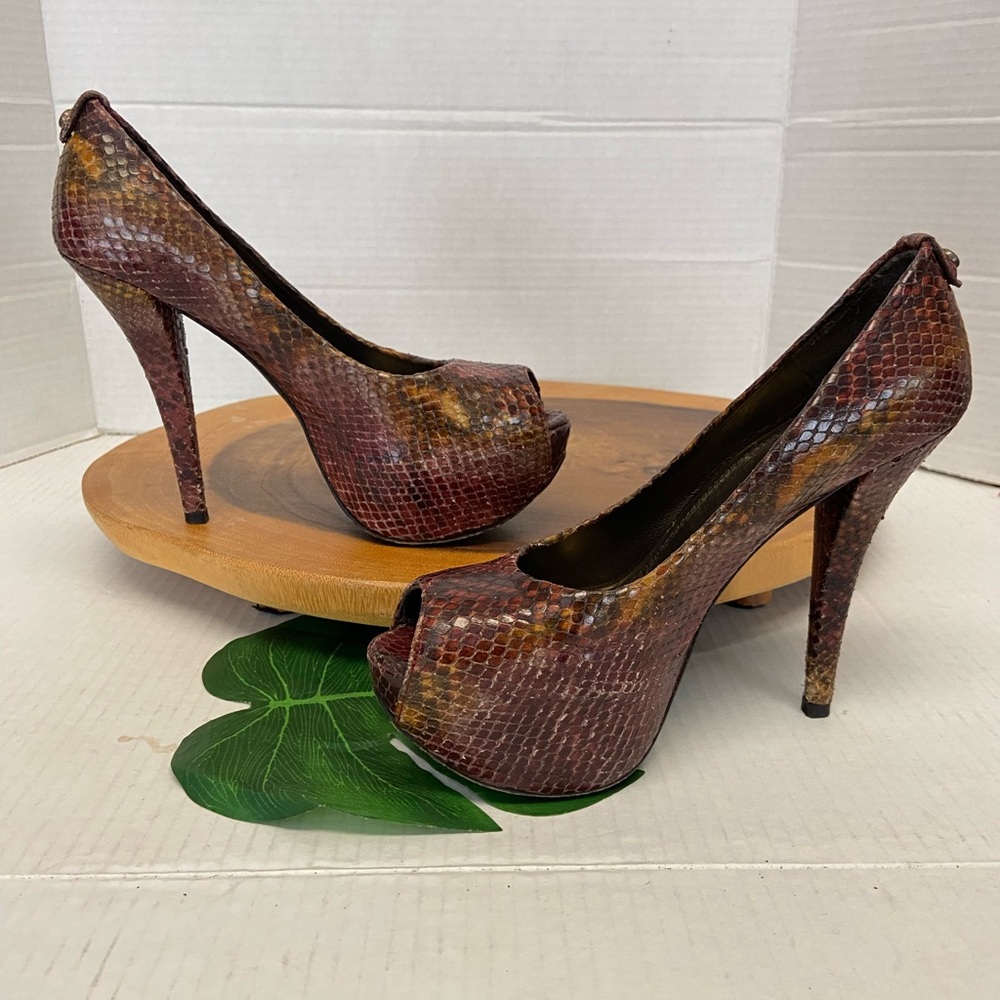 Stuart Weitzman Teal Python Snakeskin Peep Toe He… - image 2